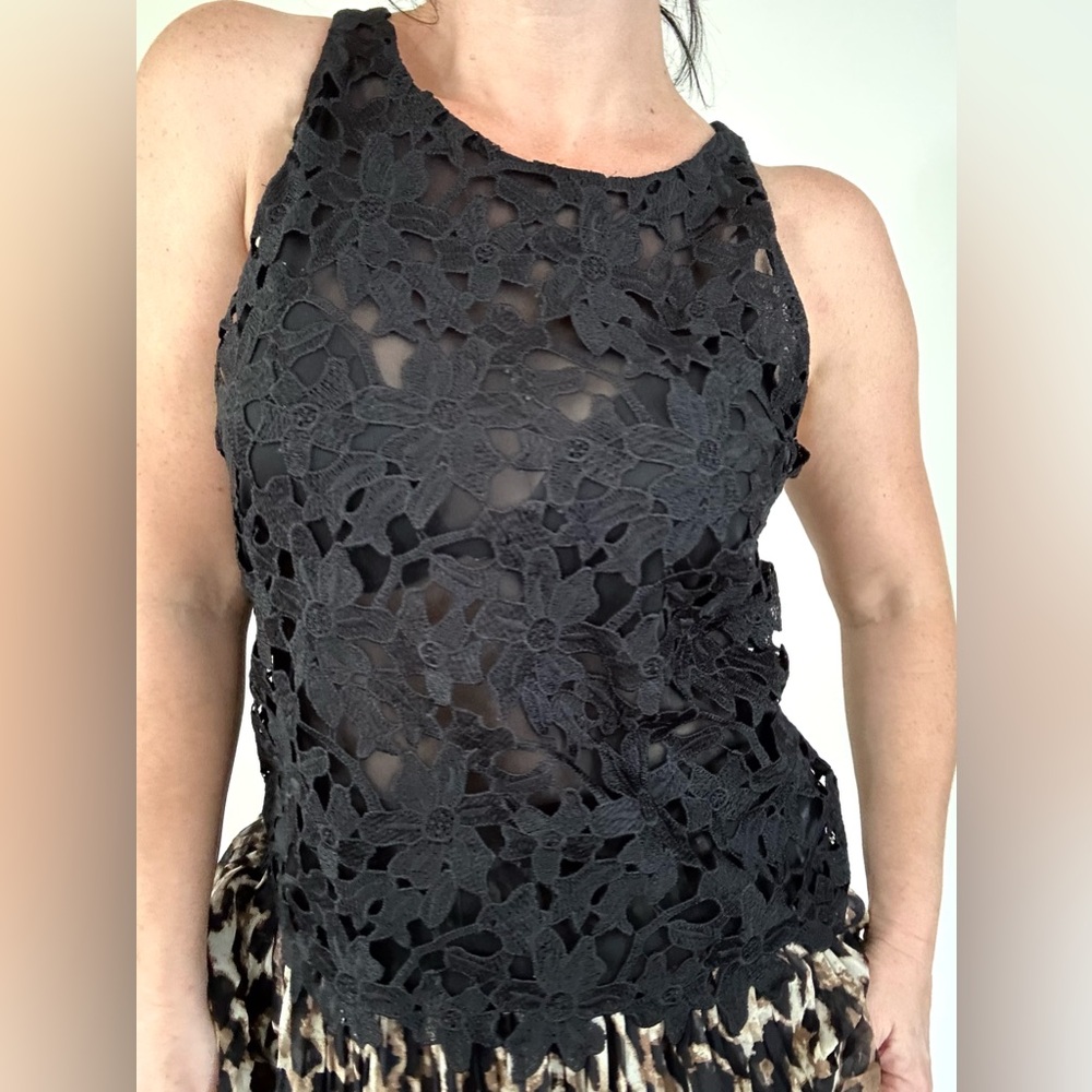 Elegant Petite Express Black Lace‎ Floral Embroidered Layered Sleeveless Top S|P